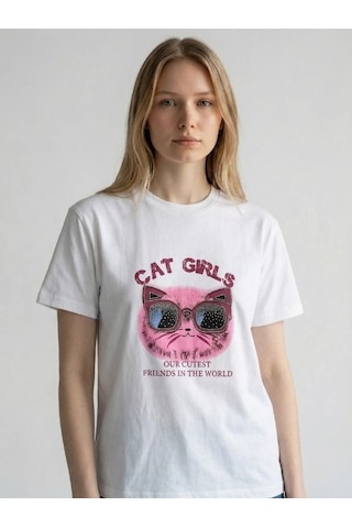 Zekids Kız Çocuk Cat Girls Baskılı T-shirt-17186 Ekru