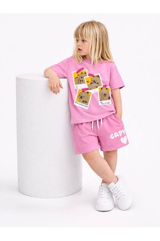 Miniko Kids Kız Çocuk Capybara Modelli Pamul Şortlu Takım Pembe