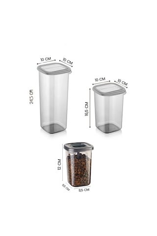 Kitchen Life 12'li Etiketli Kare Erzak Saklama Kabı Ve Kaşıklı Baharatlık Seti (1750ML 1200ML 400 ML) Antrasit - Şeffaf