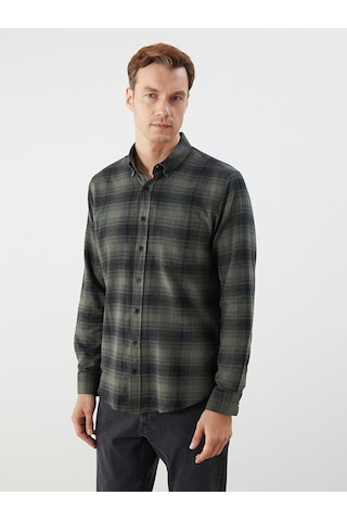 Lcwaıkıkı Classic Haki Regular Fit Uzun Kollu Ekose Poplin Erkek Gömlek