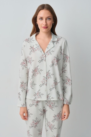 Suwen Luda Pamuklu Gömlek Yaka Pijama Takımı Wsh105101591287 Ekru Çizgili