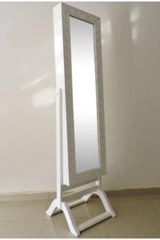 Boy Ayna Takı Dolap Model Ahşap Parlak Beyaz Boya Nakışlı Klasik Beyaz