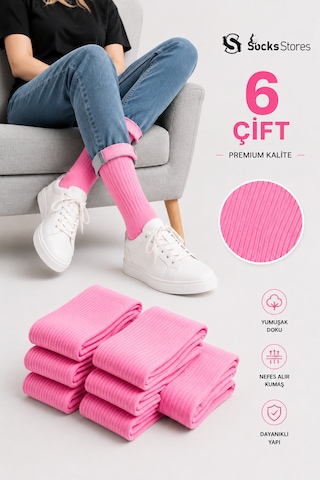 Socks Stores 6 Çift Unisex Renkli Pamuklu Soket Çorap - Renkli Tenis Boy Çorap Pembe