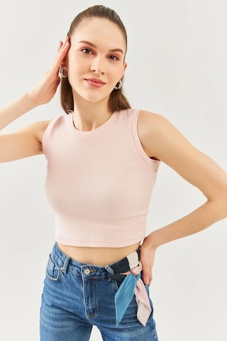 Butikgiz Kadın Sıfır Kol Bisiklet Yaka Vücuda Oturan %100 Pamuklu Kaşkorse Esnek Crop Bluz Pudra