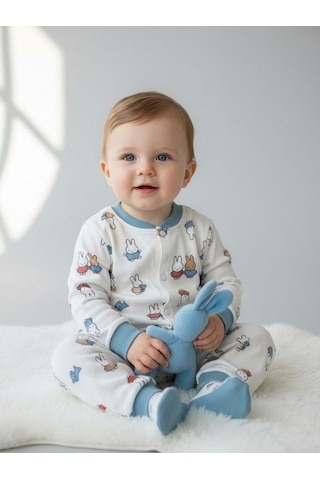 Zekids Erkek Bebek Pamuklu Tavşan Desenli Çıtçıtlı Pijama Takımı-16849 Çok Renkli
