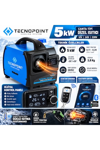 Tecnopoint 5 Kw Çanta Tipi Dizel Isıtıcı Webasto Tipi Portatif Bluetooth 12v 24v 220v