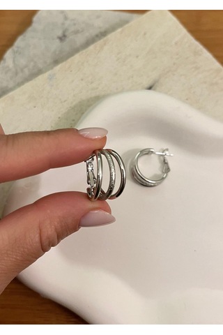 Üç Sıra Halkalar Silver Küpe Çok Renkli