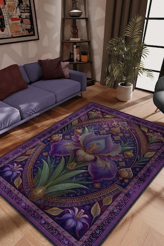 Homshtag Art Deco Süsen Çiçeği Halısı Bitki Temalı Soft Mor Renk Etnik Dijital Baskılı Çiçekli Halı Çok Renkli