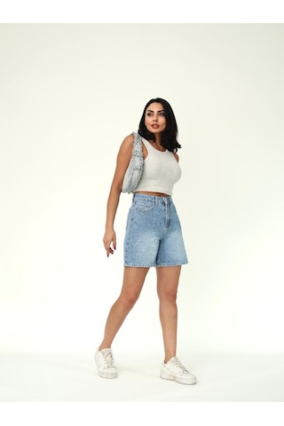 Eskitme Denim Kumaş Boru Paça Şort Mavi+eskitme