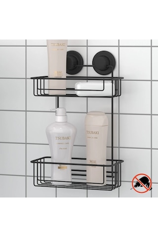 Vakumlu Banyo Duvar Rafı Şampuanlık 2 Katlı Siyah Siyah