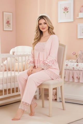 Quilling Lady Bebe Pembe Renkli Dantel Detaylı, 33203 Uzun Kol, 2 Parça Lohusa Hamile Pijama Takımı Açık Pembe M - L