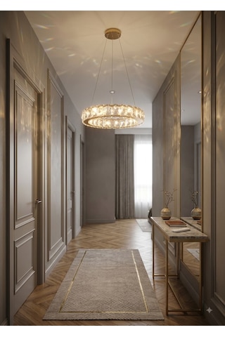 Ala Lighting Plaket Kristal Taş İşlemeli Gold Paslanmaz Tekli Led Avize - Kumandalı 3 Renk Altın - Gold