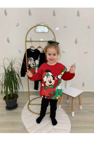 Kız Çocuk 3 İplik Şardonlu Alt Üst Taytlı Takım Yılbaşı Yeni Yıl Temalı 16088 Kırmızı