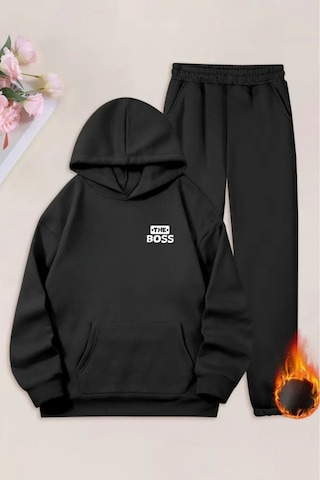 Unisex Siyah The Bos Baskılı Eşofman Kapüşon- Kışlık Şardonlu Kumaş Siyah