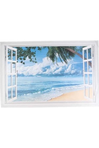 Pazly Windows Suntek Seascape Sahte Living Duvar Çıkartması Beach 3d Op Ahşap
