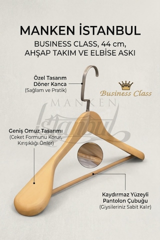 3 Adet Delüks Masif Ahşap Ev Ve İş Yeri İçin 44 Cm Ahşap Ceket Askısı - Ahşap Elbise Askısı Bej