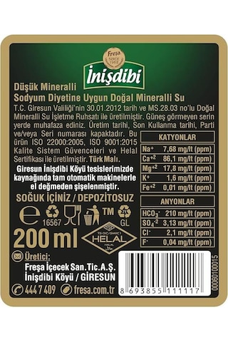 Freşa İnişdibi Doğal Maden Suyu 200 Ml X 24 Adet