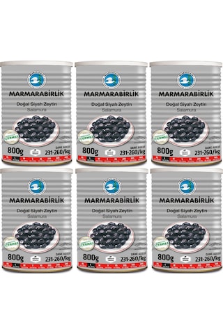 Marmarabirlik Doğal Salamura 231-260 KB L Siyah Zeytin 6 x 800 G