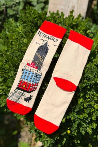 Lousocks Unisex İstanbul Nostaljik Tramvay Desenli Krem Soket Çorap