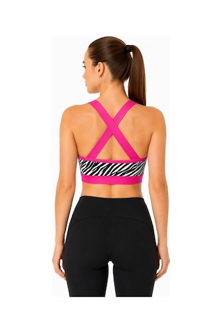 Neco Giyim Kadın Zebra Desenli Çapraz Askılı Destekli Spor Büstiyer Pembe