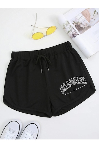 Siyah Los Angeles Bermuda Penye Şort - Kordonlu Baskılı Siyah