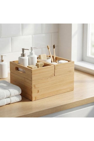 3'lü Modüler Bambu Organizer Set - Üst Üste Geçebilen Çok Amaçlı Çekmece İçi Ve Masaüstü Düzenleyici Kutu - Banyo, Mutfak Ve Ofis İçin Ahşap Saklama Seti Açık Gri