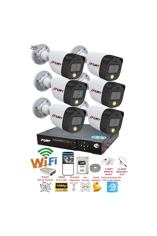 Fury 6 Kameralı Gece Renkli 1080p 2mp Görüntü Full Hd Ultra Led Gece Renkli Güvenlik Kamerası Seti 500gb
