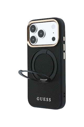 Apple iPhone Uyumlu 18 Pro Max Kılıf Guess Lisanslı M-safe Özellikli 360 Standlı Pu Metal Yazı Logolu Kapak Siyah