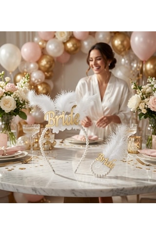 Bride İncili Tüylü Gold Taç Ve Bileklik Seti Bekarlığa Veda Kına Gecesi Aksesuarı Diğer