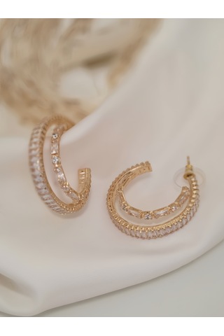 İkili Yarım Halka Model Zirkon Taşlı Antialerjik Vip Halka Gold Renk Küpe Antialerjik Gold