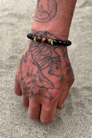 Parlak Oniks Kaplan Gözü Taşlı Bakır Detaylı Unisex Bileklik Okbp Çok Renkli