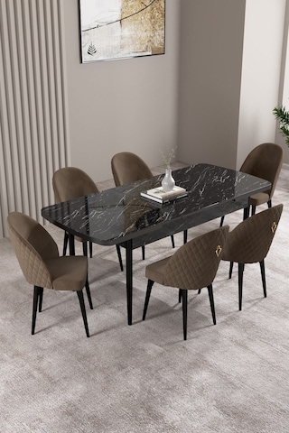 Milas Siyah Mermer Desen 80x132 Mdf Açılabilir Mutfak Masası Takımı 6 Adet Sandalye Kahverengi