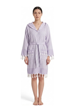 Kapşonlu Unisex Peştemal Plaj Bornozu %100 Pamuklu Seaside Stripe Lila
