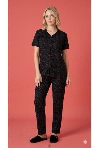 Sleeproom Yazlık Siyah Çiçek Desenli Kısa Kol Penye %100 Pamuk Pijama Takım Siyah Çıtır Çiçek