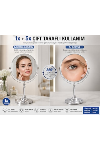 Çift Taraflı Ayaklı Makyaj Aynası 1x + 5x Büyütmeli 360 Döner Krom Metal Masa Aynası