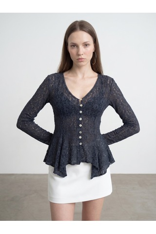 Dilvin 60433 Düğmeli Peplum Dantel Hırka-indigo İndigo