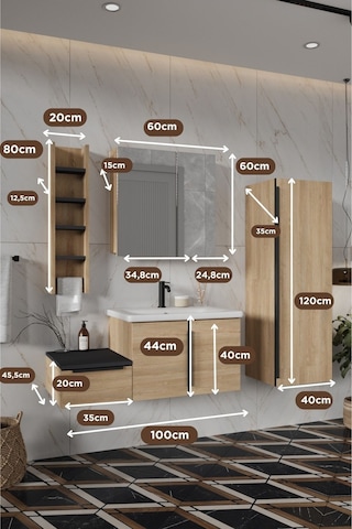Zakkum 100 Cm %100 Mdf Lavabolu Banyo Dolabı Dolaplı Aynalı Üst Dolap Boy Dolabı Havluluk Lefkas Meşe