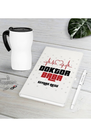 Kişiye Özel Doktor Baba Beyaz Defter Kalem Termos Mug Seti-2