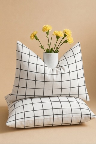 Beyaz Kare Desenli Pamuklu Ranforce Kumaş Fermuarlı Yastık Kılıfı 2 Adet 50x70 Cm Antrasit