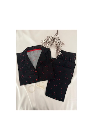 Mh Moony Homewears Kısa Kol Kırmızı Kalp Düğmeli Pijama Takımı Kırmızı