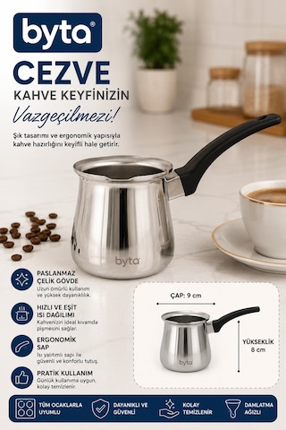 Paslanmaz Çelik Cezve 9 Cm Ergonomik Saplı Türk Kahvesi Pişirme Cezvesi Damlatma Ağızlı