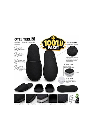 4mm Kalın Taban Siyah Otel Ve Misafir Terliği - Tek Kullanımlık Toptan Airbnb Spa Buklet Seti 100 Çift Siyah - 941710982 Siyah