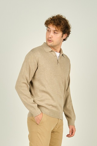 Ateş Triko Erkek Polo Yaka Düğmeli Yün Kazak 6091023 Bej Bej