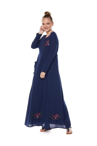 Şile Bezi Lacivert Uzun Kollu Nakış Detaylı Elbise