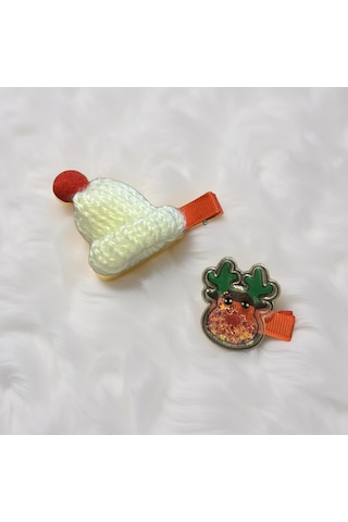 Noel Temalı 2'li Toka Seti Şapka + Geyik Christmas Hair Clip Set-209 Beyaz