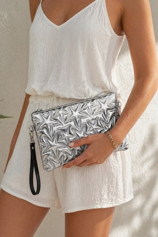 Adelina Bags 2'li Çanta Paketi Yıldız Desenli Portföy El Çantası Bilek Askılı Clutch Çanta Siyah - Gri