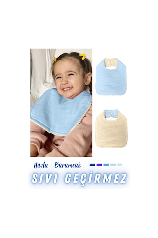 Pamuklu Sıvı Geçirmez Mama Önlüğü Bürümcük-havlu Çift Yönlü M-bej Mavi - Bej