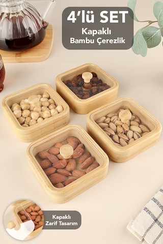 4'lü Kapaklı Bambu Çerezlik Seti - Kahve Yanı Sunum Kasesi Sunumluk Kahvaltılık Bambu Kase Bej