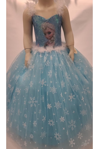 Kız Çocuk Tarlatanlı Simli Frozen Abiye-8076-mavi Mavi