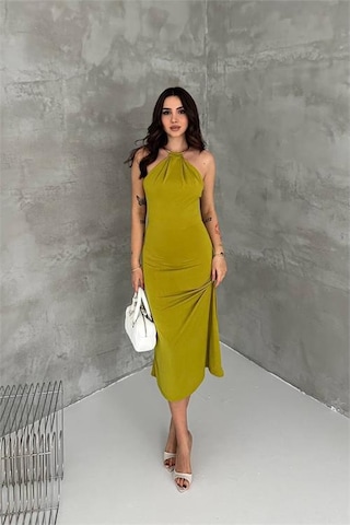 Neşeli Butik Kadın Yeşil Sırt Dekolteli Metal Yaka Midi Elbise Nbk4543 Yeşil